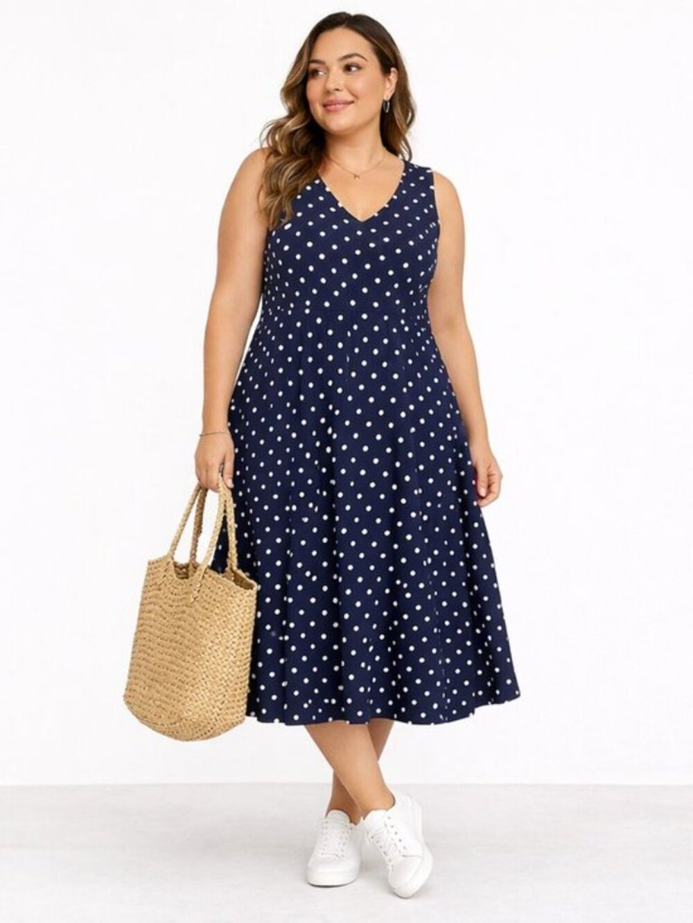 Jones New York  Sport Polka Dot Dress Navy Cotton Sleeveless Midi Size 16
